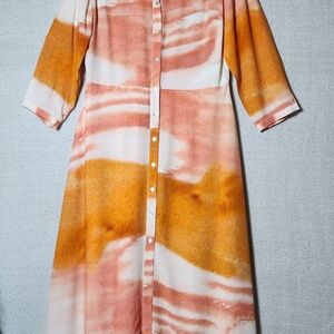 Anthropologie Dolan 14 Long Sleeve Maxi Dress Orange Pink Tie Die Button Down
